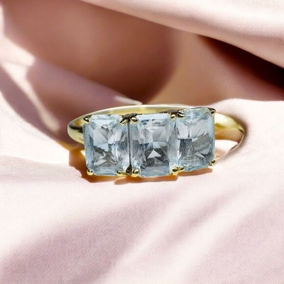 Vintage- 14K Gold- Aquamarine Ring- sz 10.25 -Emerald Cut-3CT- Three Stone -2.4g - Picture 8 of 16